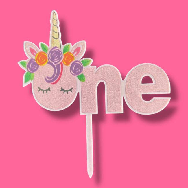 Топпер "One,единорог с цветами,розовый 8,5*14см